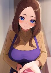 Rule 34 | 1girl, apron, blue apron, blue eyes, breasts, brown hair, brown sweater, facing viewer, forehead, go-toubun no hanayome, highres, hiyoku, housewife, husband and wife, large breasts, large forehead, long hair, looking at viewer, mature female, nakano miku, necktie, pov, purple apron, smile, sweater, tying, tying necktie