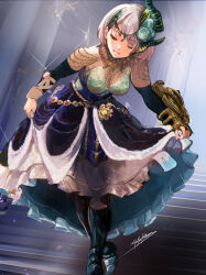 Rule 34 | 1girl, amulet, arch, armor, artist name, bare shoulders, black skirt, bodice, breasts, brown eyes, commentary request, cropped legs, curtsey, detached sleeves, dress, frilled skirt, frills, glint, gorget, greaves, gusukma, holding, holding clothes, holding skirt, jewelry, kulve taroth (armor), layered skirt, looking down, medium breasts, monster hunter (character), monster hunter (series), parted lips, pillar, signature, skirt, sleeveless, sleeveless dress, slinger (monster hunter), smile, solo, stairs, white hair