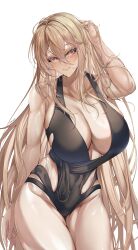 Rule 34 | 1girl, absurdres, azur lane, black one-piece swimsuit, blonde hair, blush, breasts, brown eyes, cleavage, collarbone, hair between eyes, hand up, highres, implacable (azur lane), large breasts, long bangs, long hair, looking at viewer, one-piece swimsuit, shiroyuki (shiroyuki003), simple background, smile, solo, swimsuit, white background