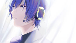 Rule 34 | 1boy, blue eyes, blue hair, commentary, from side, headphones, headset, kaito (vocaloid), looking away, male focus, nokuhashi, parted lips, portrait, solo, sunlight, vocaloid