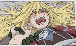 Rule 34 | 1girl, giving birth, blonde hair, crying, gloves, hair between eyes, hair spread out, holding hands, long hair, lying, lyza (made in abyss), made in abyss, mi (pic52pic), on back, open mouth, ozen, pain, pov, pov hands, solo focus, sweat, tears, whistle, wing collar