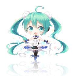 Rule 34 | 1girl, ahoge, black thighhighs, bow, chibi, green eyes, green hair, hair ornament, hatsune miku, long hair, matching hair/eyes, open mouth, outstretched arms, pc9527, petals, reflection, simple background, solo, spread arms, standing, thighhighs, twintails, vocaloid, white background, wrist cuffs, zettai ryouiki