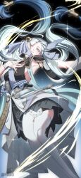 Rule 34 | 1girl, breasts, commentary, dress, earrings, grey hair, hair ornament, highres, jewelry, jinhsi (wuthering waves), long hair, looking at viewer, medium breasts, minxei, mole, ribbon, solo, thighhighs, twintails, very long hair, white hair, white thighhighs, wuthering waves