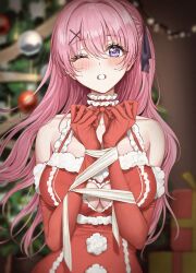 Rule 34 | 1girl, alternate costume, amatoku yua, amyu (amm asl pa), asymmetrical hair, black ribbon, blush, bound, bound wrists, breasts, choker, christmas, christmas lights, christmas ornaments, christmas tree, cleavage, cleavage cutout, clothing cutout, commentary, dress, elbow gloves, etoiles, eyelashes, frilled choker, frilled dress, frills, gloves, hair intakes, hair ornament, hair ribbon, highres, long hair, looking at viewer, medium breasts, one eye closed, parted lips, pink hair, pom pom (clothes), purple eyes, red choker, red dress, red gloves, ribbon, side ponytail, sleeveless, sleeveless dress, solo, upper body, virtual youtuber, x hair ornament