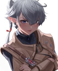 Rule 34 | 1girl, absurdres, alisaie leveilleur, blue eyes, blush, character request, copyright request, crossed arms, earrings, final fantasy, final fantasy xiv, grey hair, hair between eyes, harris hero, highres, jewelry, messy hair, pointy ears, ponytail, short hair, simple background, solo