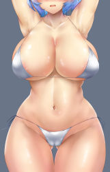 Rule 34 | 1girl, absurdres, areola slip, armpits, arms up, bikini, blue hair, blush, breasts, cameltoe, cleavage, collarbone, covered erect nipples, gluteal fold, grey background, head out of frame, highres, huge breasts, navel, open mouth, poke200, shiny skin, short hair, side-tie bikini bottom, simple background, skindentation, solo, swimsuit, tatara kogasa, thick thighs, thigh gap, thighs, touhou, white bikini