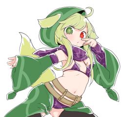 Rule 34 | 1girl, ahoge, babalilo, blonde hair, bright pupils, clothing request, commentary request, copyright request, detached sleeves, green eyes, green hood, green sleeves, heterochromia, hood, hood up, long hair, long sleeves, looking at viewer, navel, red eyes, simple background, solo, tail, tail raised, tied sleeves, white background, wide sleeves