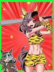 Rule 34 | 1girl, = =, alternate costume, animal ears, armpits, baseball bat, blush, border, breasts, brown eyes, brown hair, cleavage, commentary request, cosplay, emphasis lines, gloves, green border, highres, holding, holding weapon, horse ears, horse girl, horse tail, jacket, looking at viewer, mask, matikane tannhauser (umamusume), matikanetappoiser (2022nekoart0222), medium breasts, navel, oni costume, open mouth, red background, sakura laurel (oni laurel) (umamusume), sakura laurel (umamusume), sakura laurel (umamusume) (cosplay), simple background, solo, sweatdrop, tail, twitter username, umamusume, umamusume: star blossom, weapon