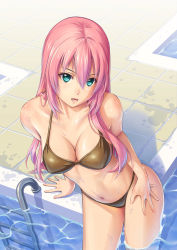 Rule 34 | 1girl, aqua eyes, arm support, bare arms, bare legs, bare shoulders, bikini, breasts, brown bikini, cleavage, female focus, hair between eyes, hand on own thigh, highres, large breasts, legs, long hair, looking at viewer, looking up, megurine luka, navel, open mouth, pinakes, pink hair, pool, sitting, solo, swimsuit, vocaloid, water, wet