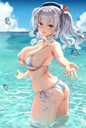 Rule 34 | 1girl, :d, ass, bare arms, bare shoulders, bikini, black headwear, blue eyes, blue sky, blush, breasts, cleavage, commentary request, day, from side, highres, horizon, kantai collection, kashima (kancolle), kekocha, large breasts, long hair, looking at viewer, looking to the side, micro bikini, ocean, open mouth, outdoors, ribbon, side-tie bikini bottom, silver hair, skindentation, sky, smile, solo, splashing, standing, swimsuit, twintails, wading, water, water drop, wavy hair, white bikini, white ribbon