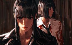 Rule 34 | 2girls, absurdres, black eyes, black hair, black jacket, blood, blood on clothes, blood on face, blouse, blunt bangs, blurry, blurry background, bob cut, close-up, closed mouth, collared shirt, dress shirt, guweiz, hair ornament, hairclip, highres, jacket, lips, long hair, looking at viewer, looking to the side, multiple girls, necktie, original, shirt, short hair, white shirt