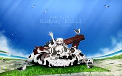 Rule 34 | 1girl, abyssal ship, albatross, arm up, bird, black nails, blue sky, breasts, cloud, colored skin, commentary request, copyright name, day, dress, fingernails, grass, highres, horns, kantai collection, large breasts, long fingernails, long hair, midway princess, nail polish, orange eyes, oso (toolate), outdoors, outstretched arm, red eyes, romaji text, seagull, sky, solo, spikes, very long hair, water, white dress, white hair, white skin