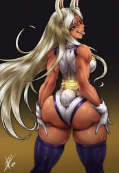 Rule 34 | 1girl, animal ears, ass, bare shoulders, belt, black background, boku no hero academia, cowboy shot, daffduff, dark-skinned female, dark skin, dated, female focus, from behind, gloves, gradient background, highres, leotard, long hair, looking at viewer, looking back, mirko, parted bangs, purple thighhighs, rabbit ears, rabbit tail, red eyes, signature, silver hair, smile, solo, standing, tail, teeth, thighhighs, tongue, tongue out, two-tone background, upper teeth only, white gloves, yellow background