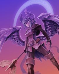 1girl boots breasts female_focus gloves gradient_background highres katatuki solo staff standing wings