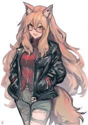 1girl absurdres animal_ears black_jacket blush denim fang fate/grand_order fate_(series) fox_ears fox_girl glasses highres jacket jeans leather leather_jacket long_hair long_sleeves looking_at_viewer ootato open_clothes open_jacket open_mouth pants red-framed_eyewear simple_background skin_fang solo suzuka_gozen_(fate) suzuka_gozen_(traveling_outfit)_(fate) tail torn_clothes torn_jeans torn_pants white_background yellow_eyes