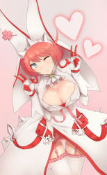 Rule 34 | 1girl, absurdres, ahoge, aqua eyes, arc system works, blush, breasts, bridal veil, cleavage, clover, covered erect nipples, double v, dress, elphelt valentine, four-leaf clover, garter belt, gloves, guilty gear, guilty gear xrd, heart, highres, huge breasts, long sleeves, looking at viewer, one eye closed, panties, pantyshot, pink background, pink hair, puffy sleeves, ribbon, shiny skin, short hair, simple background, smile, solo, spikes, thighhighs, toima (beat0829), underwear, v, veil, wedding dress, white dress