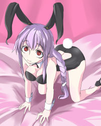 Rule 34 | 1girl, all fours, animal ears, bad id, bad pixiv id, bare legs, bent over, braid, breasts, cleavage, female focus, high heels, highres, large breasts, leotard, long hair, playboy bunny, purple hair, rabbit ears, rabbit girl, rabbit tail, red eyes, reisen udongein inaba, shoes, solo, tail, touhou, ver5, wrist cuffs