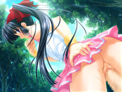Rule 34 | 1girl, artist request, black hair, blush, bow, censored, character request, clothed sex, cloud, copyright request, dutch angle, forest, from behind, from below, game cg, hair bow, hetero, long hair, looking back, miniskirt, mosaic censoring, nature, no panties, outdoors, penis, pink skirt, pleated skirt, purple eyes, pussy, pussy juice, red bow, sex, skirt, sky, tree, twintails, upskirt, vaginal, wristband