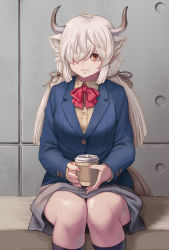 Rule 34 | black socks, blue jacket, bow, bowtie, coffee cup, collared shirt, commentary request, cup, disposable cup, grey skirt, hair over one eye, hair tie, highres, jacket, kemono friends, kemono friends 3, kosai takayuki, long hair, long sleeves, looking at viewer, official alternate costume, orange eyes, ox ears, ox girl, ox horns, ox tail, pleated skirt, red bow, red bowtie, school uniform, shirt, sitting, skirt, socks, twintails, white hair, white shirt, yak (kemono friends)