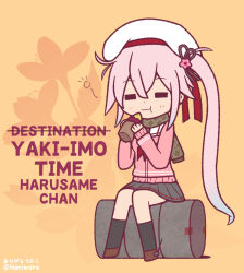 Rule 34 | 1girl, = =, artist name, black skirt, cardigan, commentary request, drum (container), eating, food, full body, green scarf, haniwaro, harusame (kancolle), hat, kantai collection, pink cardigan, pink hair, pleated skirt, romaji text, sailor hat, scarf, side ponytail, sitting, skirt, solo, sweet potato, white hat