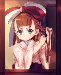 Rule 34 | 10s, 1girl, anne (wixoss), blunt bangs, blush, bow, braid, braiding hair, brown hair, commentary request, frown, green eyes, hair bow, hairdressing, hakama, hakama skirt, highres, japanese clothes, long hair, mirror, mole, mole under eye, reflection, shamonabe, skirt, solo, wide sleeves, wixoss