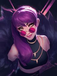 Rule 34 | 1girl, black background, black shirt, evelynn (league of legends), fur-trimmed jacket, fur trim, gold necklace, highres, jacket, jacket partially removed, jeremy anninos, jewelry, k/da (league of legends), k/da evelynn, league of legends, looking at viewer, looking over eyewear, necklace, pink-tinted eyewear, pink lips, purple hair, round eyewear, shirt, simple background, sleeveless, sleeveless shirt, smile, solo, straight hair, sunglasses, tinted eyewear, yellow eyes