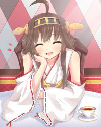 Rule 34 | 10s, 1girl, ^ ^, ahoge, behe (sky 13), blush, brown hair, head rest, cup, detached sleeves, closed eyes, flat chest, hair ornament, hairband, headgear, heart, japanese clothes, kantai collection, kongou (kancolle), long hair, personification, sitting, smile, solo, teacup, wide sleeves