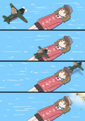 Rule 34 | 10s, 2girls, 4koma, :|, afloat, aircraft, airplane, arms at sides, black skirt, brown hair, closed mouth, clothes writing, comic, explosion, eyebrows, fairy (kancolle), flat chest, hat, kantai collection, landing, long sleeves, looking at viewer, magatama, mini person, minigirl, miniskirt, misumi (niku-kyu), motion blur, multiple girls, ocean, pleated skirt, ryuujou (kancolle), skirt, tenzan (kancolle), text focus, translation request, twintails, type 97 torpedo bomber, visor cap, water
