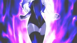 Rule 34 | 1girl, animated, animated gif, bodysuit, clenched hand, fairy tail, fire, fire, light, long hair, lowres, magic, mirajane strauss, power, thighhighs, white hair
