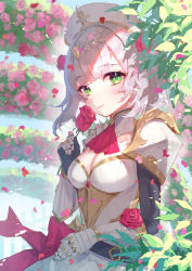 Rule 34 | 1girl, armor, armored dress, ascot, blush, braid, breasts, cleavage, closed mouth, commentary request, dress, flower, french braid, gauntlets, genshin impact, gold trim, green eyes, grey hair, harushio, highres, holding, holding flower, leaf, looking at viewer, medium breasts, noelle (genshin impact), outdoors, petals, plant, red ascot, red flower, red rose, rose, rose petals, short hair, shoulder armor, sidelocks, smile, solo, sunlight, white dress, white headwear