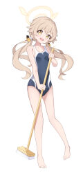 Rule 34 | 1girl, absurdres, bare arms, bare legs, bare shoulders, barefoot, blue archive, blue one-piece swimsuit, broom, full body, hair ornament, halo, hifumi (blue archive), highres, light brown hair, long hair, looking at viewer, low twintails, one-piece swimsuit, open mouth, school swimsuit, solo, swimsuit, trinity general school swimsuit, twintails, white background, yellow eyes, yoi0341