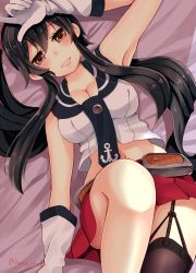 Rule 34 | 10s, 1girl, asymmetrical legwear, bad id, bad pixiv id, black hair, black thighhighs, blush, breasts, brown eyes, cleavage, gloves, highres, kanna (horntp), kantai collection, large breasts, long hair, looking at viewer, lying, midriff, on back, pleated skirt, ponytail, school uniform, serafuku, single thighhigh, skirt, smile, solo, thighhighs, twitter username, uneven legwear, white gloves, yahagi (kancolle)