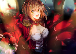 Rule 34 | 10s, 1girl, :d, absurdres, blonde hair, braid, braided bun, breasts, cleavage, corset, fate/extra, fate (series), flower, green eyes, hair between eyes, hair bun, highres, large breasts, long skirt, looking at viewer, nero claudius (fate), nero claudius (fate) (all), nero claudius (fate/extra), open mouth, outstretched arm, partially submerged, red flower, red petals, red rose, red skirt, red sleeves, rose, short hair, shrug (clothing), skirt, smile, solo, tobari (usa barashi), upper body, water