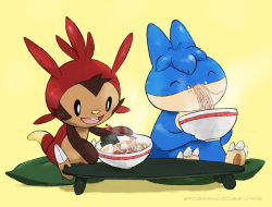 Rule 34 | alternate color, bowl, chespin, chopsticks, commentary, creatures (company), cushion, do9bessa, eating, egg, closed eyes, fangs, fangs out, food, game freak, gen 4 pokemon, gen 6 pokemon, holding, holding chopsticks, munchlax, nintendo, no humans, noodles, open mouth, pokemon, pokemon (creature), ramen, shiny pokemon, sitting, slurping, smile, soup, table, tongue