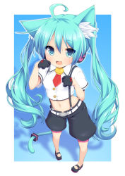 Rule 34 | 1girl, ahoge, animal ears, aqua eyes, aqua hair, belt, cat ears, cat tail, fang, fish, full body, green hair, hatsune miku, headphones, highres, long hair, looking at viewer, mary janes, midriff, navel, open mouth, paw pose, pigeon-toed, shoes, shorts, solo, suspenders, tail, very long hair, vocaloid, yuzuki kei