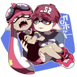 Rule 34 | 1boy, 1girl, baseball cap, carrying, commentary request, crossed arms, embarrassed, fangs, goggles, goggles on head, hat, inkling, inkling boy, inkling girl, inkling player character, long hair, lowres, nana (raiupika), nintendo, pink hair, princess carry, splatoon (series), splatoon 1, tentacle hair, tsundere