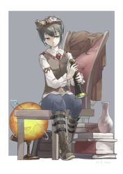Rule 34 | book, boots, dated, goggles, goggles on head, highres, mullmull02, original, signature, sitting, telescope, vase, vest