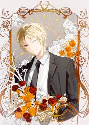 Rule 34 | 1boy, ;), absurdres, atou haruki, black jacket, black necktie, blonde hair, chinese commentary, closed mouth, collared shirt, commentary request, flos, flower, formal, highres, jacket, male focus, necktie, one eye closed, open clothes, open jacket, orange flower, red eyes, red flower, saibou shinkyoku, shirt, short hair, smile, solo, suit, suit jacket, upper body, white flower, white shirt