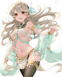 1girl :d alternate_costume bandeau bare_shoulders black_panties black_thighhighs breasts brooch corrin_(female)_(fire_emblem) corrin_(fire_emblem) cowboy_shot fire_emblem fire_emblem_fates grey_hair groin haru_(nakajou-28) highres jewelry loincloth long_hair looking_at_viewer medium_breasts midriff navel nintendo open_mouth panties pelvic_curtain pointy_ears red_eyes shawl simple_background smile solo standing stomach thighhighs thighs underboob underwear very_long_hair white_background