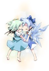 Rule 34 | 2girls, barefoot, blue hair, bow, child, cirno, daiyousei, fairy, green hair, hair bow, ham (points), multiple girls, pointy ears, short hair, side ponytail, touhou, wings