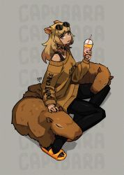 Rule 34 | 1girl, black nails, black pantyhose, black sweater, brown hair, capybara, commentary, cup, english commentary, english text, eyewear on head, green eyes, grey background, highres, holding, holding cup, long sleeves, milkytiddyboy, multicolored hair, nail polish, open mouth, original, pantyhose, signature, solo, sunglasses, sweater, teeth, two-tone hair, upper teeth only