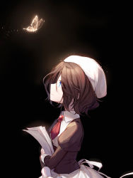 Rule 34 | black background, blue eyes, brooch, brown hair, bug, butterfly, closed eyes, collared shirt, eyes visible through hair, from side, hat, hiragi rin, holding, holding paper, insect, jewelry, juliet sleeves, long sleeves, paper, papers, puffy sleeves, shannon (umineko), shirt, sleeve cuffs, solo, umineko no naku koro ni, white hat