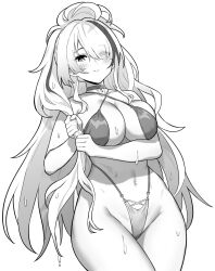 Rule 34 | 1girl, azur lane, azur lane: slow ahead, bikini, blush, breasts, choker, closed mouth, collarbone, cowboy shot, eyes visible through hair, greyscale, groin, hair over one eye, high ponytail, highleg, highleg bikini, hori (hori no su), large breasts, long hair, looking at viewer, monochrome, multicolored hair, navel, official alternate costume, official art, simple background, smile, solo, stomach, streaked hair, swimsuit, unzen (azur lane), unzen (sojourn through clear seas) (azur lane), very long hair, wet, white background