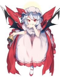 Rule 34 | 1girl, bad id, bad pixiv id, bat wings, biting, biting hand, blood, blue hair, commentary request, fang, full body, gourd, hat, looking at viewer, mob cap, pink hat, pink skirt, pointy ears, puffy short sleeves, puffy sleeves, red eyes, red footwear, remilia scarlet, ribbon-trimmed skirt, ribbon trim, short hair, short sleeves, skirt, smile, socks, solo, standing, suminagashi, touhou, white socks, wings