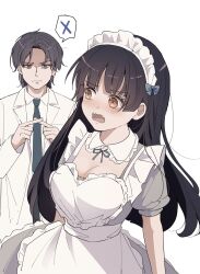 Rule 34 | 1boy, 1girl, apron, azumaya haruka, black hair, black necktie, blue bow, bow, breasts, brown eyes, cleavage, collared shirt, commentary request, dress, fangs, frilled apron, frills, grey dress, half-closed eyes, highres, hiizumi rinne, lab coat, long hair, maid, maid apron, maid headdress, medium breasts, necktie, open clothes, open mouth, parted bangs, puffy short sleeves, puffy sleeves, sakura no sekai, shirt, short sleeves, simple background, spoken x, tsuruse, v-shaped eyebrows, very long hair, white apron, white background, white shirt, x fingers