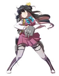 Rule 34 | 1girl, adapted turret, black hair, boots, bow, bowtie, breasts, cannon, clenched teeth, commentary request, cross-laced footwear, full body, grey pantyhose, hair ribbon, halterneck, highres, kantai collection, lace-up boots, long hair, machinery, medium breasts, multicolored hair, naganami (kancolle), pantyhose, pink hair, ribbon, shirt, simple background, smokestack, solo, standing, teeth, torpedo launcher, turret, two-tone hair, wavy hair, white background, white shirt, yellow eyes, yoshi tama