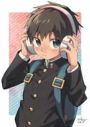 Rule 34 | 1boy, bag, brown hair, buttons, commentary request, green eyes, headphones, highres, holding, looking at viewer, male focus, original, outside border, school bag, school uniform, short hair, simple background, straight-on, wool bl
