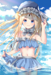 Rule 34 | 1girl, abigail williams (fate), abigail williams (swimsuit), abigail williams (swimsuit foreigner) (fate), abigail williams (swimsuit foreigner) (third ascension) (fate), bare arms, bare shoulders, bikini, blonde hair, blue bikini, blue eyes, blue headwear, bonnet, bow, closed mouth, commentary request, double bun, fate/grand order, fate (series), grey bow, hair bow, hair bun, hand on headwear, hand up, highres, iroha (shiki), keyhole, long hair, looking at viewer, navel, parted bangs, smile, solo, strapless, strapless bikini, striped, striped bow, swimsuit, thigh gap, very long hair, water, white bow