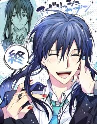 Rule 34 | 1boy, ahoge, blue hair, blue nails, blush, closed mouth, formal, highres, idolish7, jewelry, long hair, long sleeves, looking at viewer, male focus, nail polish, oogami banri, open mouth, red nails, ring, smile, solo, sparkle, suit, tanemura arina