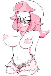 Rule 34 | 1girl, bad anatomy, bandana, bandana over mouth, bare shoulders, blush, breasts, collarbone, cowboy shot, creatures (company), female pubic hair, game freak, hat, highres, inarou (rakugakiproject), large areolae, large breasts, monochrome, navel, nintendo, nipples, no panties, npc trainer, pink eyes, pink hair, pink theme, pokemon, pokemon sm, pubic hair, pubic hair peek, puffy nipples, short shorts, shorts, simple background, solo, team skull, team skull grunt, unbuttoned